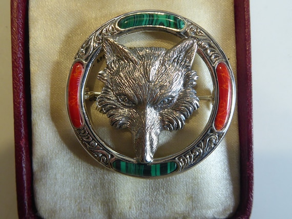 Solid Silver Scottish styled coral & Malachite se… - image 2