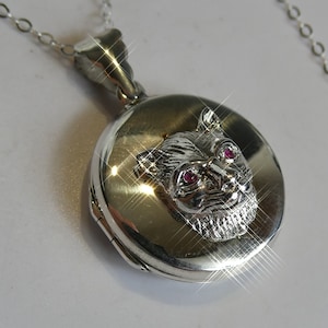 Feines Silber Katzenkopf Set mit Rubin Augen Medaillon Anhänger