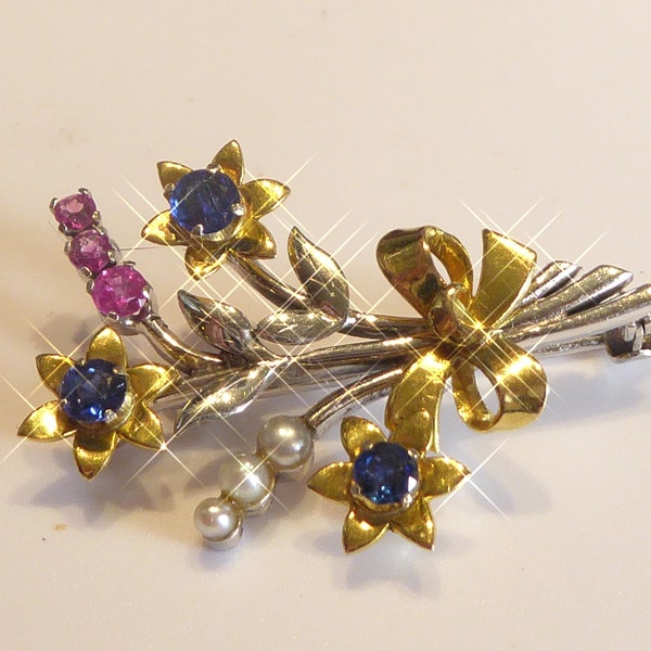 Fine 9ct Gold Real Ruby , Sapphire and pearl Floral Spray Brooch