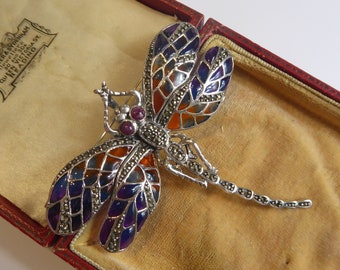 Fine Silver Art Nouveau Style Plique-a-Jour Enamel Ruby Set Dragonfly Brooch/Pendant