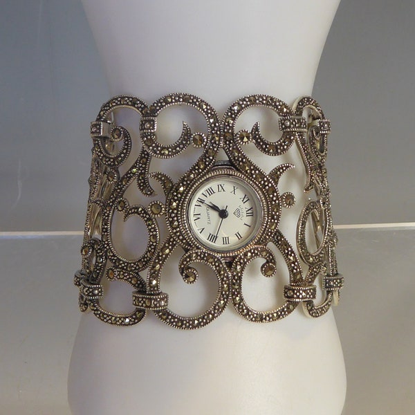 Stunning Large Wide Solid Silver Marcasite Set Cuff Watch Bracelet