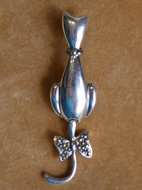 Cute Solid Silver Swing Tail Cat Brooch - image 3