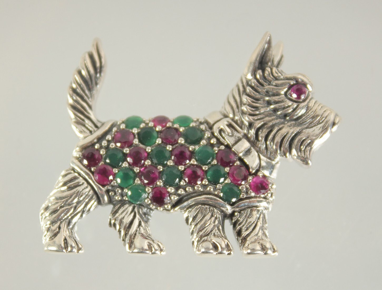 Cute Silver Real Ruby & Green Stone set Scottie Dog Brooch