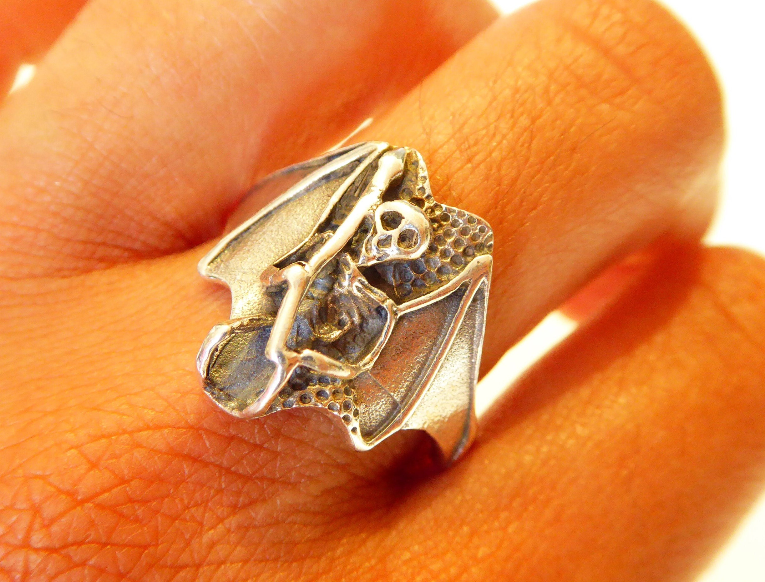 Silver Gothic Skeleton & Bat Wing Ring - Etsy