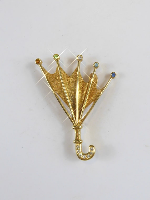 Vintage Broche Parapluie En Jade Néphrite Et Métal Doré