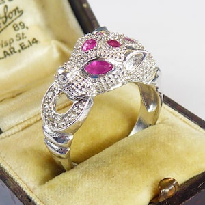 Silver Real Ruby Set Art Deco Style Panther Head Ring