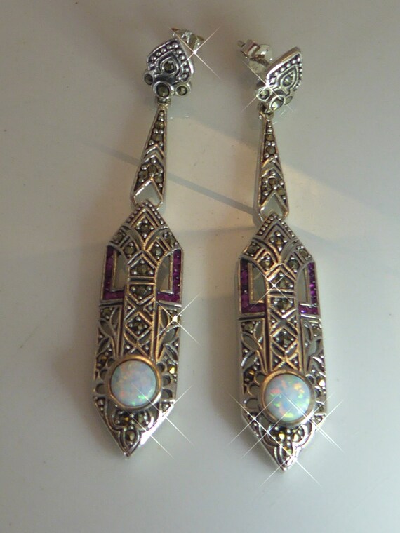 Silver Art Deco Styled Long Drop Ruby Opal set Ea… - image 6