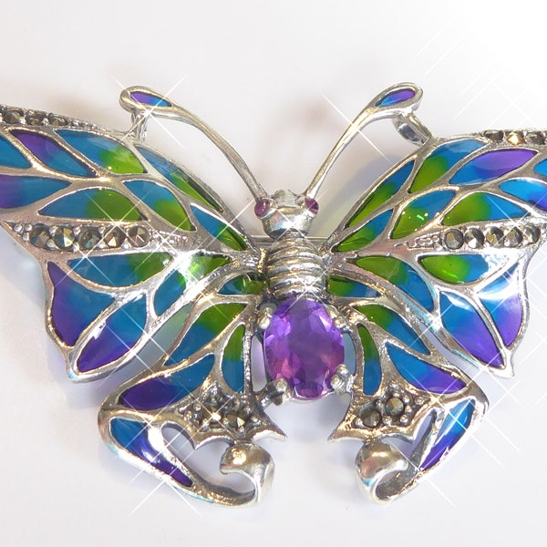 Fine Silver Art Nouveau Style  Plique-a-Jour Enamel Amethyst Set Butterfly Brooch