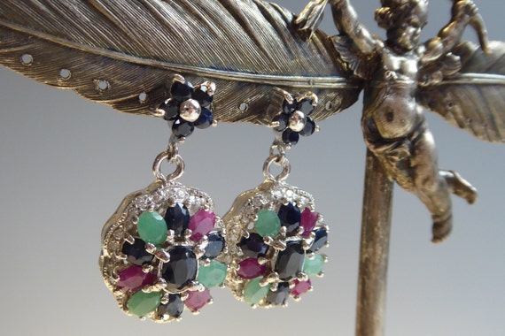 Silver real Emerald,Ruby,Sapphire set drop cluste… - image 2