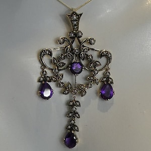 Fine 9ct Solid Gold Edwardian style Amethyst & Pearl Set Lavalier Pendant