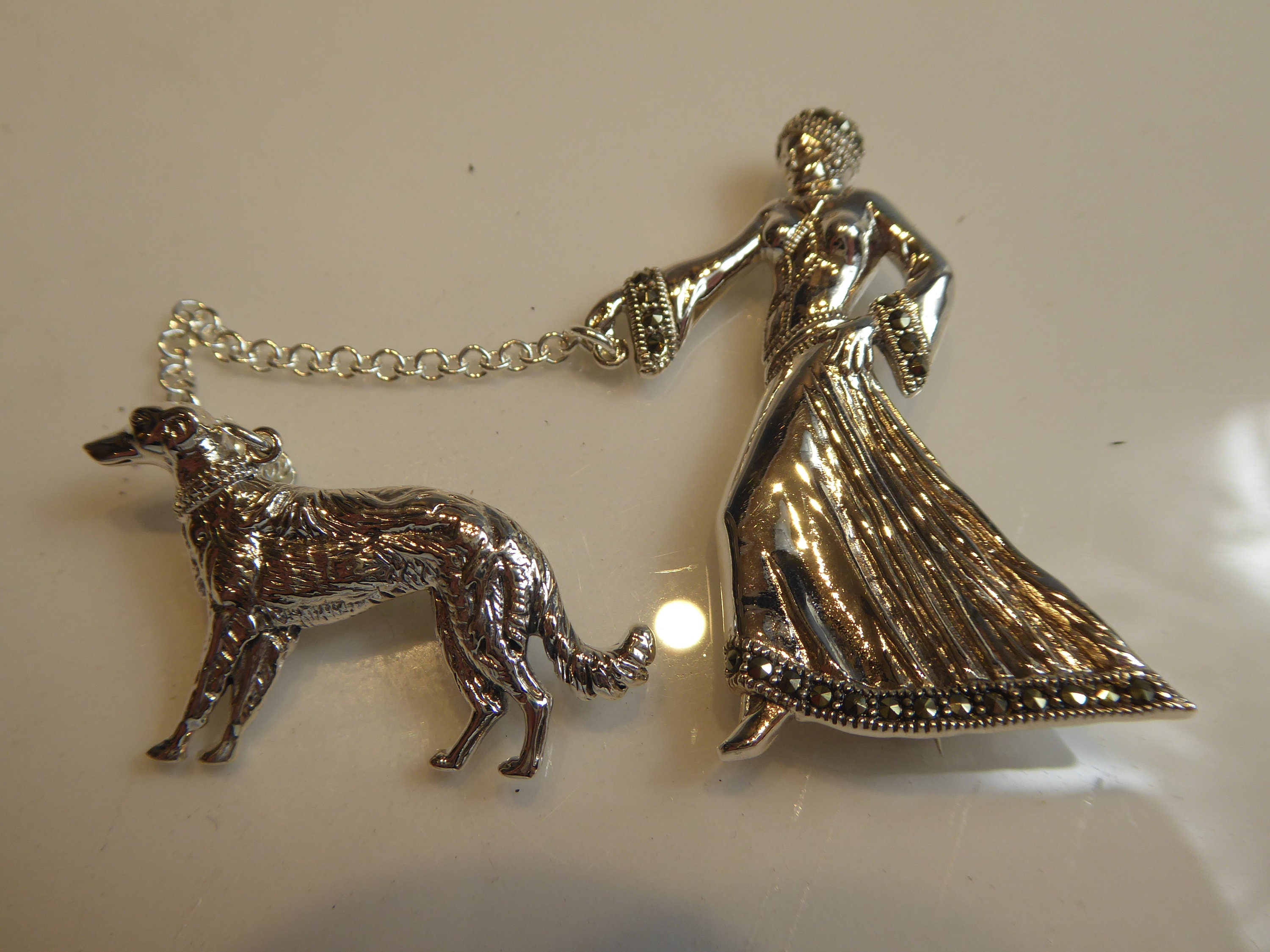 Art Deco Design Lady Walking Dog Brooch Etsy UK