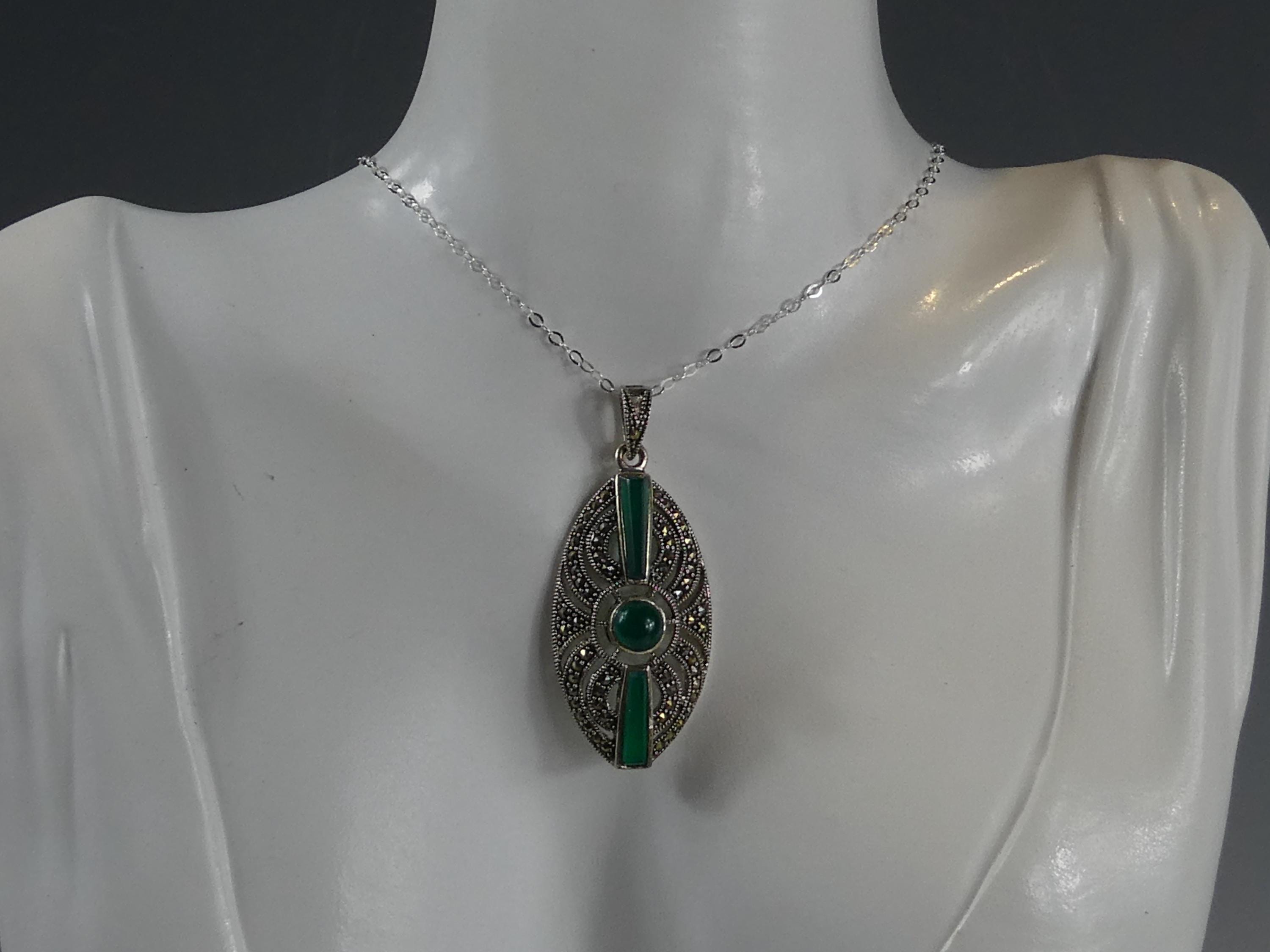 Green Agate & Marcasite Art Deco Pendant – Solid Sterling Silver 925, Hallmarked, UK Made