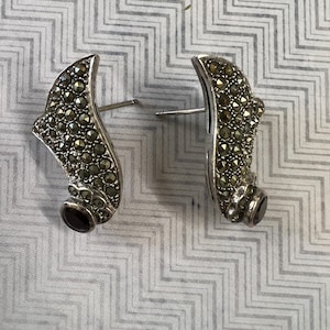 Fine Silver Real Garnet & Marcasite Set Art Deco  Earrings