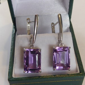 Fine Silver & Emerald cut Real Amethyst Drop Earrings
