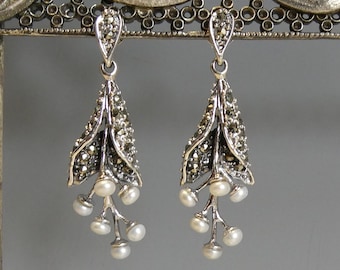 Fine Solid Silver Naturalistic Flower Pearl Marcasite Set Drop Earrings