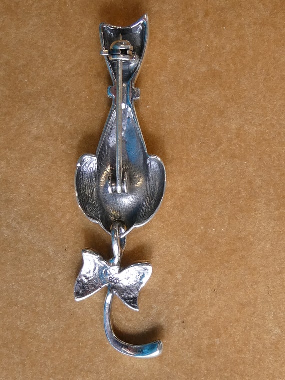 Cute Solid Silver Swing Tail Cat Brooch - image 6
