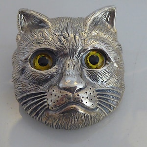 かわいいソリッドシルバーの猫の顔のブローチ/ペンダント