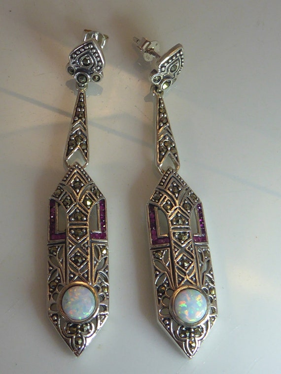 Silver Art Deco Styled Long Drop Ruby Opal set Ea… - image 4