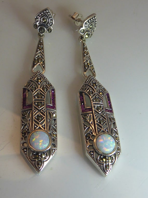 Silver Art Deco Styled Long Drop Ruby Opal set Ea… - image 3