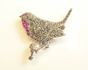 Silver Ruby & Marcasite Red Robin Bird Brooch Pendant