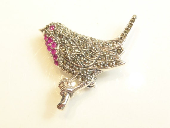 Silver Ruby Marcasite Red Robin Bird Brooch Pendant Etsy Australia