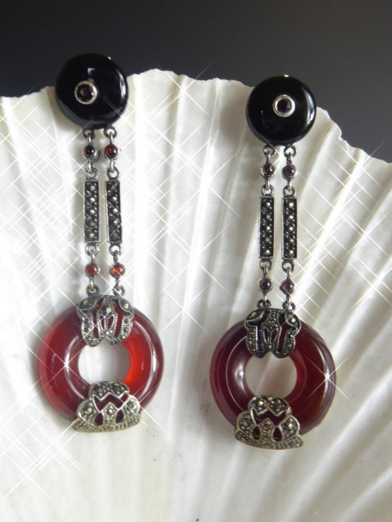 Fine Pair Silver Art Deco Style Long Drop Onyx,Ga… - image 4