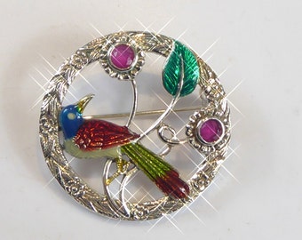 Fijne zilveren en geëmailleerde vogelbroche / hanger