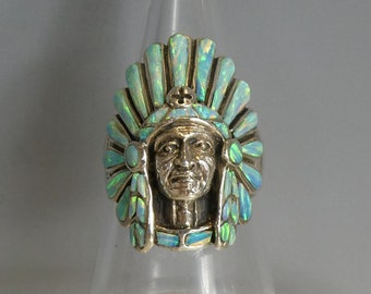 Fine Solid Silver Real Opal Set Indian Chief Ring