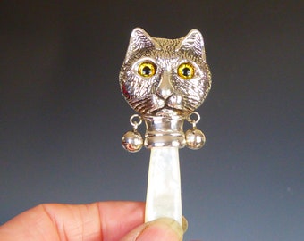 Cute Solid Silver Cat Face Baby Rattle Mother of Pearl Handle