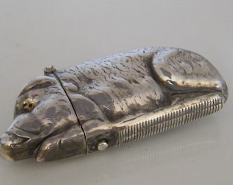 Novelty Sterling Silver Lying Hog/Pig Vesta Match Strike case