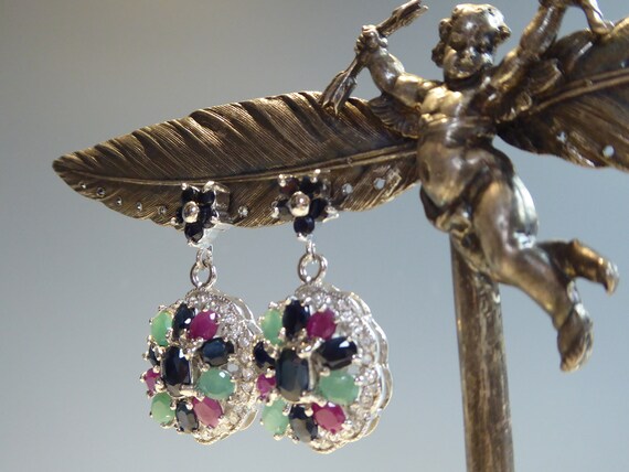 Silver real Emerald,Ruby,Sapphire set drop cluste… - image 4