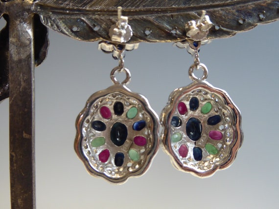 Silver real Emerald,Ruby,Sapphire set drop cluste… - image 3