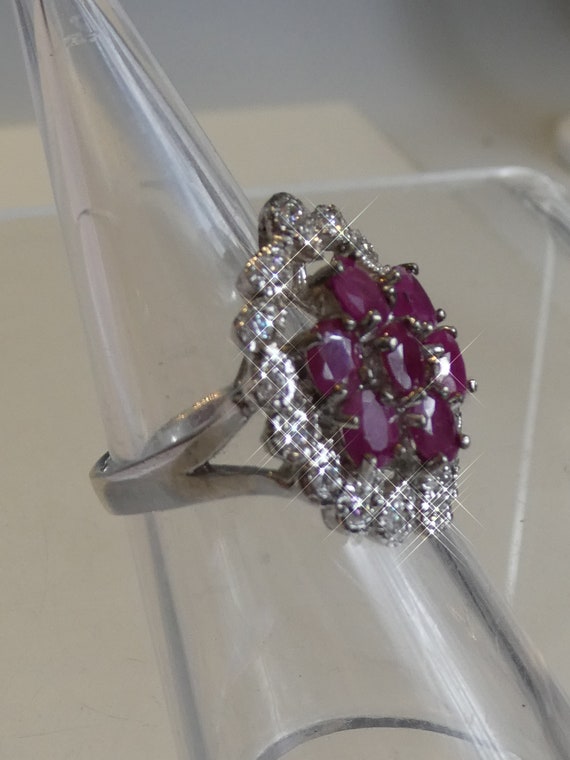 Fine Silver Real Ruby Set Cluster Ring - image 3