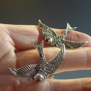 May include: Two silver swallow bird brooches with red gemstone eyes. The birds are facing opposite directions and are detailed with textured wings.