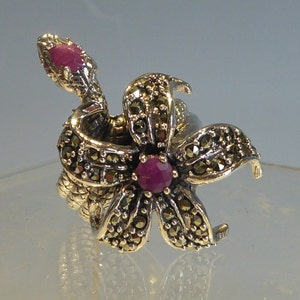Fine Silver Real Ruby & Marcasite Set Snake Ring