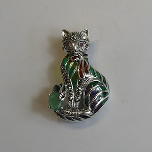Fine Silver Plique-a-Jour Enamel Emerald & Ruby Set Cat Brooch/Pendant