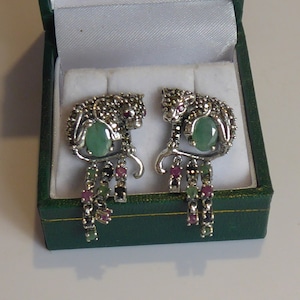 Fine Silver Real Emerald, Ruby & Sapphire Panther Earrings