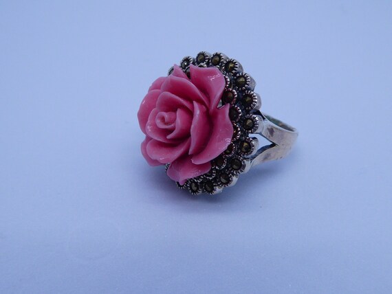 Pretty Solid Silver Marcasite Pink Rose Flower Ri… - image 5