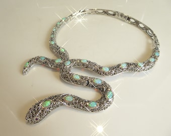 Fine Solid Silver & Opal , Ruby Marcasite Set Snake Necklace