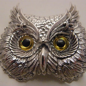 Cute Solid Silver Owl Face Brooch