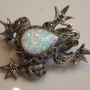 Silver Marcasite and opal set frog brooch