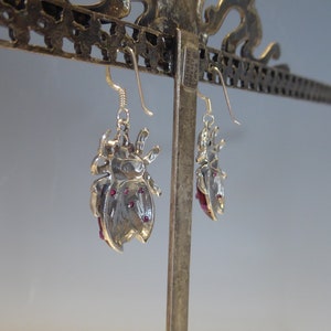 May include: Silver earrings with a detailed beetle design and pink accents. The earrings are displayed on a silver stand with the text "Catherine Appleson,  Tivoli" on the stand.