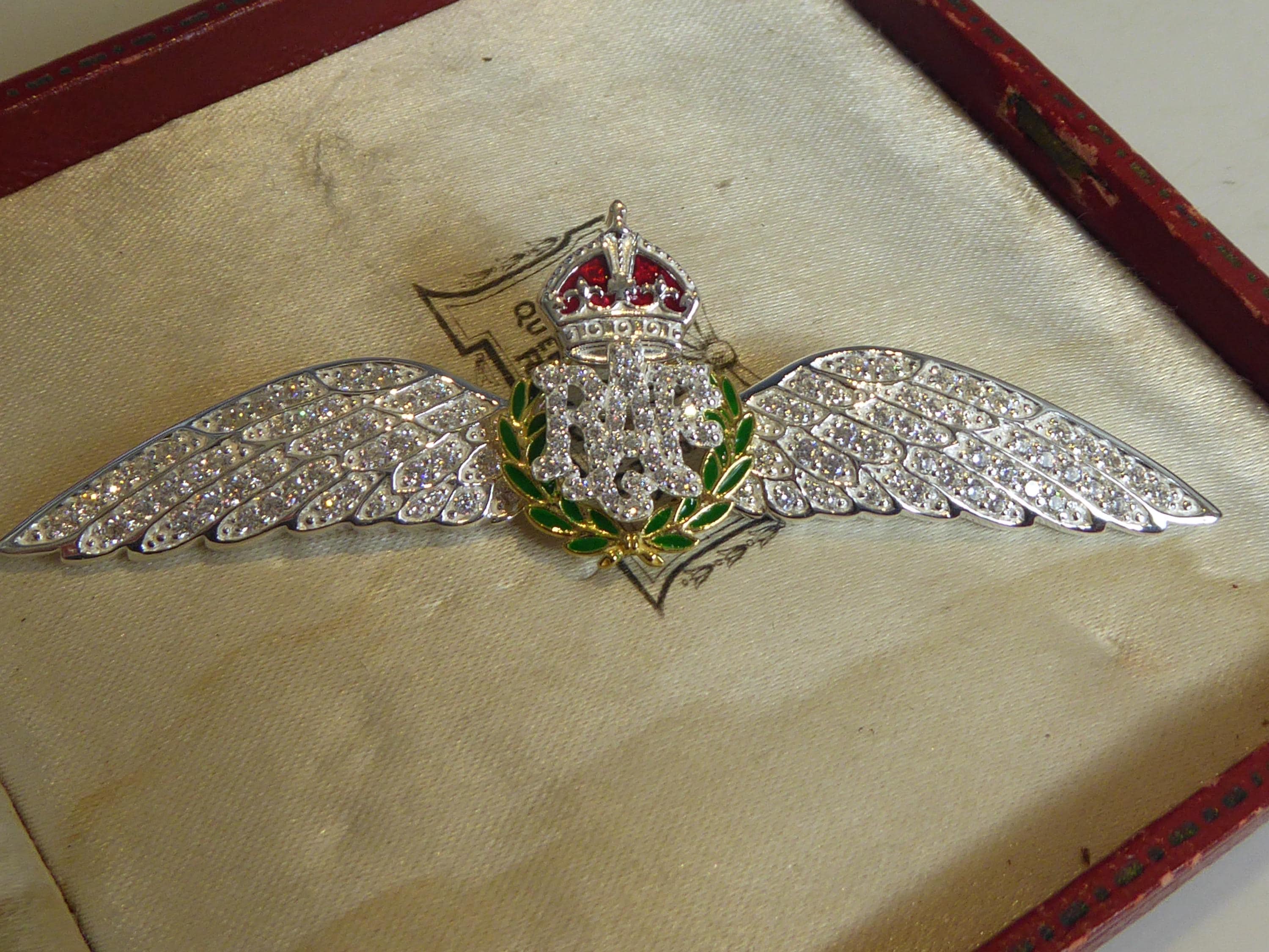 Silver RAF Wings Brooch /pin Set With Enamel Crown and Cubic