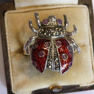 Silver & Enamel Lady Bug Ring set with Real Rubies