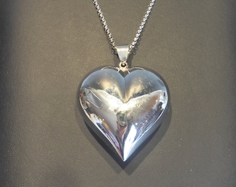 Large Silver Puffy Heart Pendant on Silver Chain