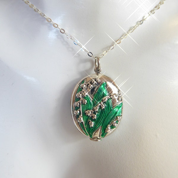 Pretty Solid Silver & Enamel French Style Lilly of The Valley Locket