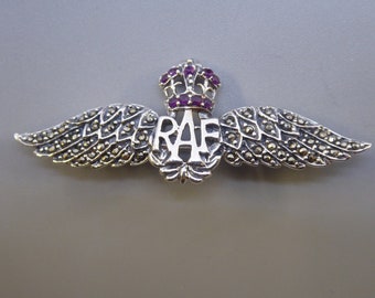 Silver RAF Wings Brooch /Pin Set with Ruby Crown and Marcasite set Wings