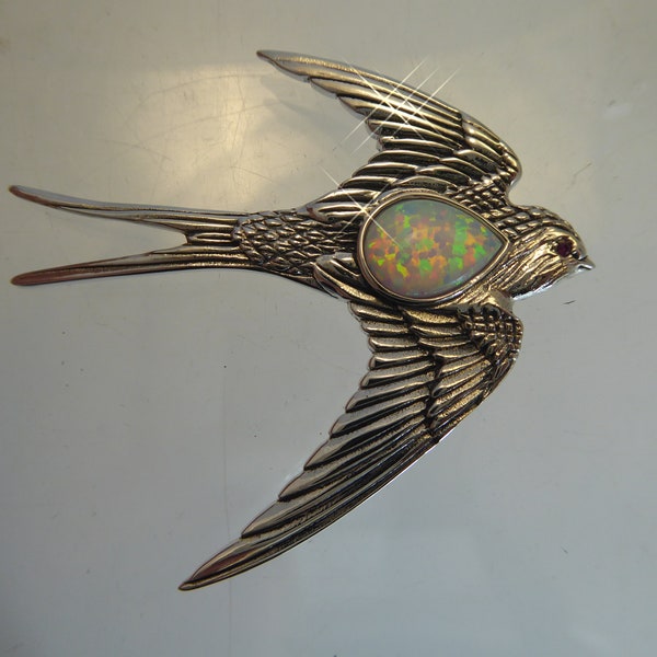 Fine Solid Silver Flying Swallow Bird Brooch set with Opal & Ruby