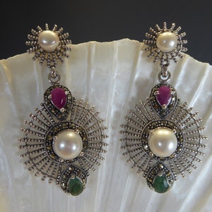 Stunning Silver Real Emerald , Ruby & Pearl Art Deco Design Earrings