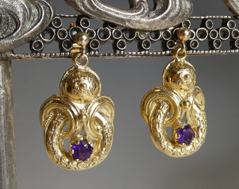 Pair Of Silver & 18ct  Gold Gilt Victorian Style Amethyst Drop Earrings